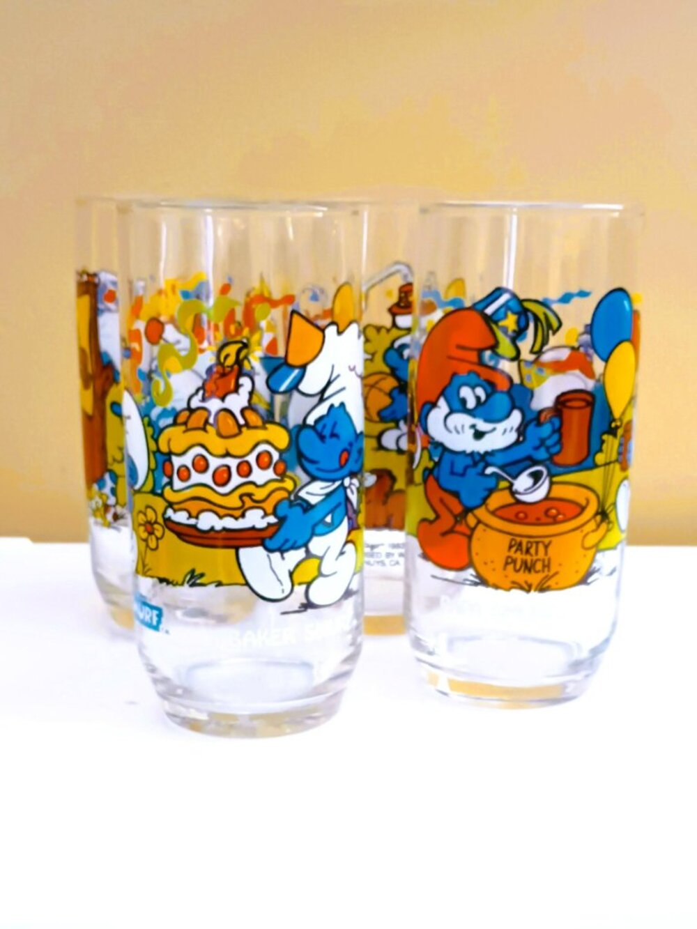 Smurfs Vintage Set Of 4 Drinking Glasses 1983 Handy, Papa, Clumsy, Baker Smurf
